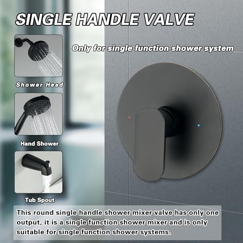 SUBEIXI Black Shower Handle Matte Black Single Function Round Shower Mixer Valve Kit Wall Mount Shower Faucet Rough-In Valve Bathroom Trim Kit