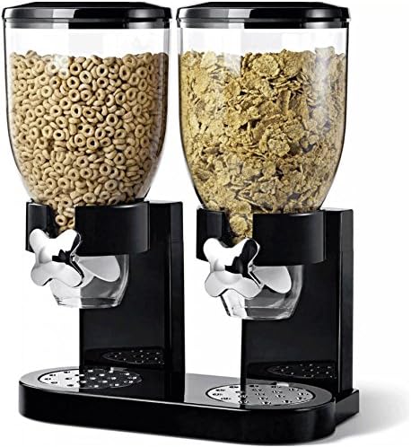 Double Plastic Classic Dry Food Cereal Dispenser Double Canister, White Transparent (Black)