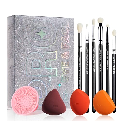 Jessup Set Éponges Maquillage 3pcs, Set Pinceaux Fard à Paupières 6pcs, Tapis Nettoyage Pinceaux et Boîte Maquillage avec Miroir – Outils Beauté Premium Application Parfaite T504