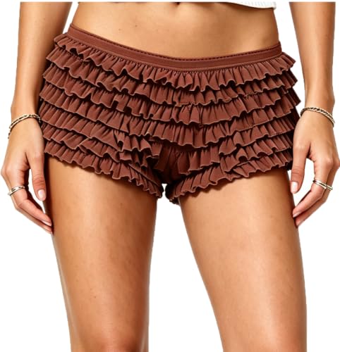 Image of Yiulangde Women Lace Bloomers Layered Ruffle Mini Shorts Y2k Pettipants | Shorts Women,Lolita Ruffled Bloomer Shorts for Under Skirts,Fluffy Booty Shorts,Rave Boy Short Panties,Going out Bottoms