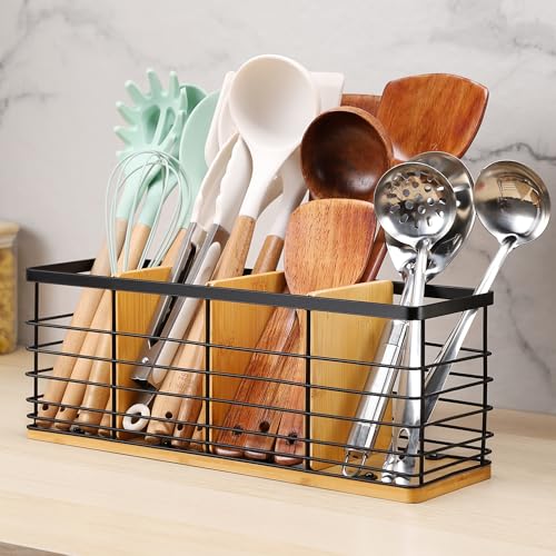 Kitchen-Utensil-Holder-for-Countertop-Large-Matte-Black-Utensil-Holder-with-Wooden-Base-Multifunctional-Farmhouse-Cooking-Utensil-Organizer-Rustic-Cooking-Utensil-with-4-Compartments Kitchen Utensil Holder for Countertop Large Matte Black Utensil Holder with Wooden Base Multifunctional Farmhouse Cooking Utensil Organizer Rustic Cooking Utensil with 4 Compartments