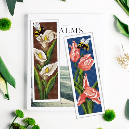 Image of INFUNLY 6pcs DIY Tulips Cross Stitch Bookmark Kits for Adults Beginner 2.99''x8.54'' Calla Stamped Embroidery Bookmark Kit with Instruction Daisy Freesia Embroidery Bookmark Set for Book Lovers
