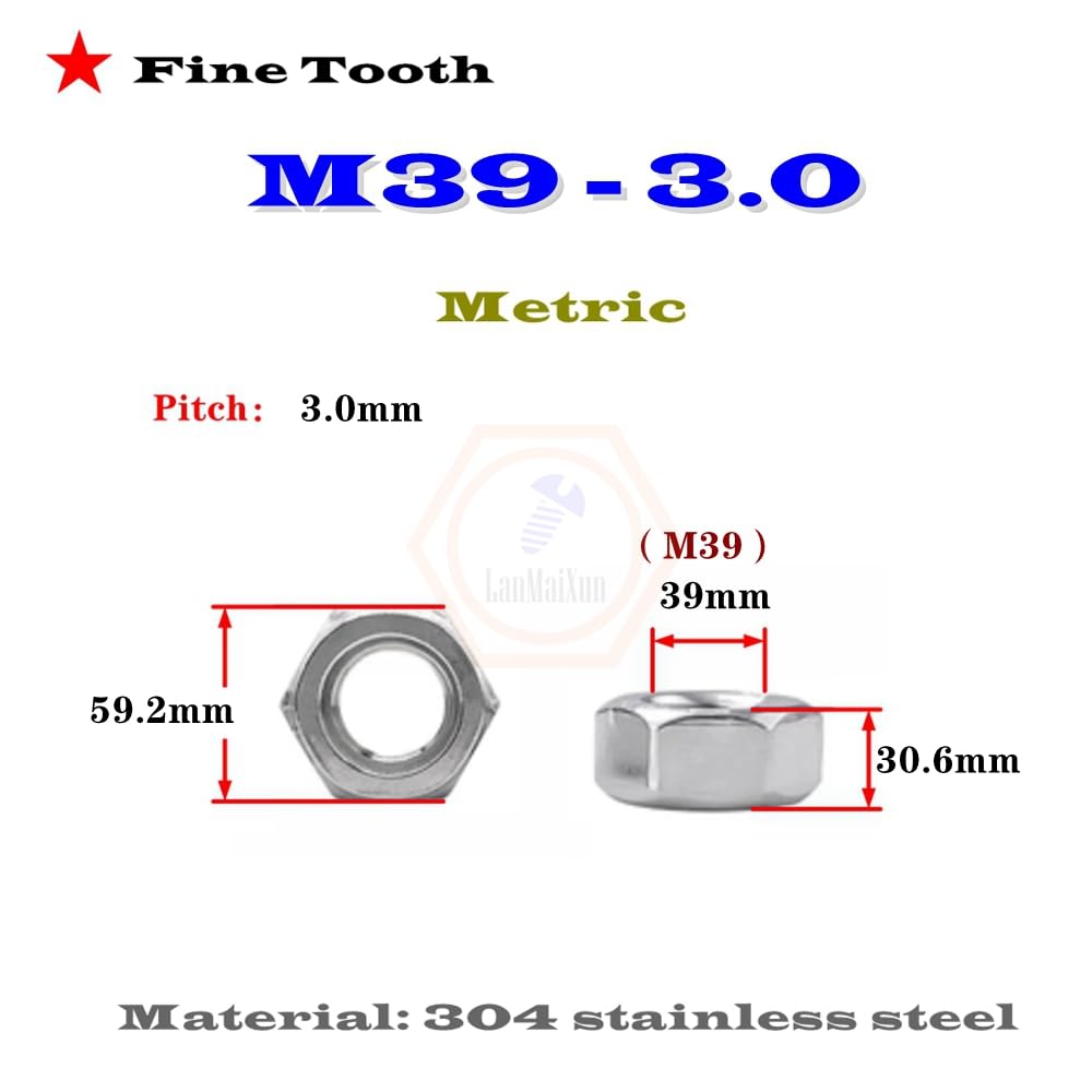 1 tuerca hexagonal M39 3.0 métrica de acero inoxidable 304 para aplicaciones de alta temperatura