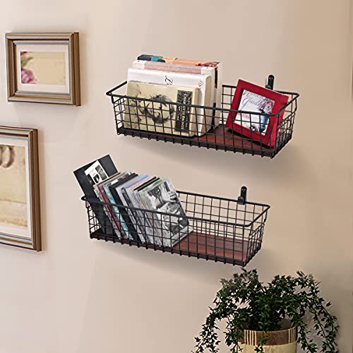 2 Set [Extra Large] Portable Metal Farmhouse Wall Decor Storage Organizer Basket Bin With Handles And Floating Shelves For Hanging In Bathroom,Kitchen,Office-Wall Mount Hooks Included (2, Black) #TOP3