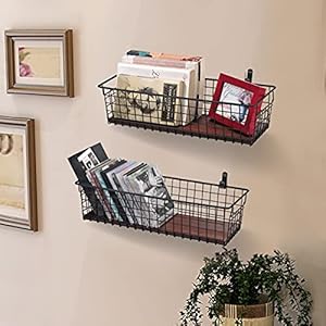 Sheechung 2 set extra large portable metal farmhouse wall decor storage organizer basket bin with handles floating shelves for hanging in bathroomkitchenoffice wall mount hooks 2 black  urban country home decor