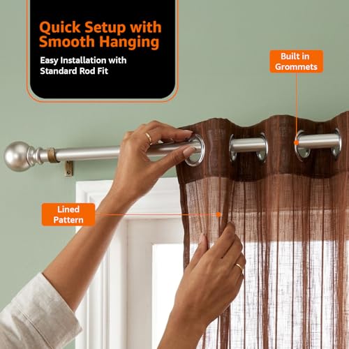 Image of Amazon Basics - Stripe Textured Sheer Door Curtains | Light Filtering | 7 Feet | Set of 2 | Striped Design | for Living Room, Bedroom & Balcony | 210cm x 115cm, Color - Coffee