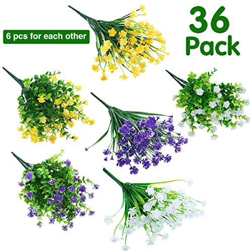 Willbond 36 Bundles Artificial Flowers Outdoor, Uv Resistant Faux Artificial Plants Shrubs Flower Bulk For Hanging Planter Porch Window Home Wedding Spring Summer Decor (Yellow, Purple, White) #TOP1
