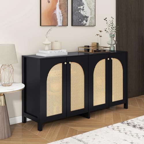 Aparador de 4 puertas negro de ratán minimalista para cocina y comedor mdf 6