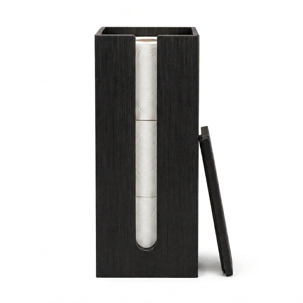 Woodluv Square - Black Toilet Roll Holder With Lid, Toilet Roll Holder Freestanding, Bathroom Storage, Bamboo Loo Roll Holder, Bathroom Storage Unit, Black