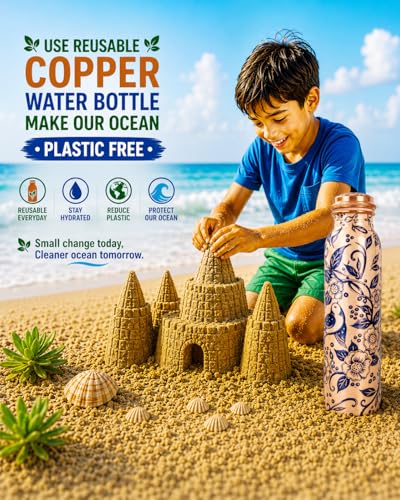Image of Pure Copper Water Bottle - Handcrafted - Ayurveda health benefits - Large 1000 ml - Leak proof, Easy to carry for Sports, Fitness, Yoga, School- White Base Indigo Blue Floral Textured Enamel
