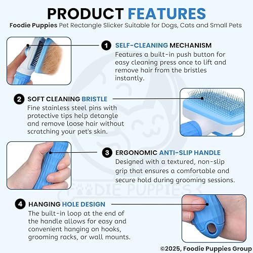 Image of Foodie Puppies Grooming & Cleaning Thin Slicker Brush for Dogs & Cats | Self Clean Brush for Shedding | Gently Removes Loose Undercoat, Mats and Tangled (Rectangular, Medium) (Color May Vary)