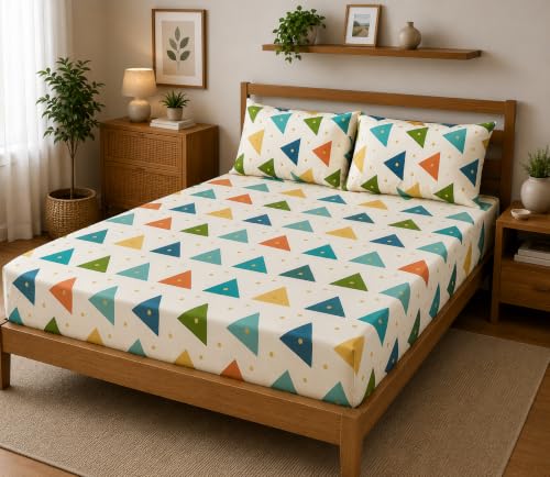 Image of Fitted Bedsheet Multicolor Triangle Print Glace Cotton 210 TC | King Size for Double Bed Fits 6 x 6.5 ft Mattress (72 x 78 Inch) | All Around Elastic | 2 Pillow Covers | 10 Inch Deep Pocket