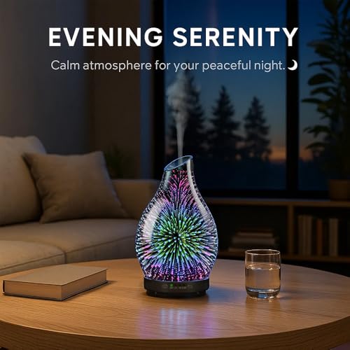 120ML Essential Oil Diffuser, 3D Glass Aromatherapy Diffuser with Auto Shut-Off and 7 Color LED Lights, Ultrasonic Mist Humidifier with 4 Timer for Home Office Bedroom (3D Fireworks) - Image 3