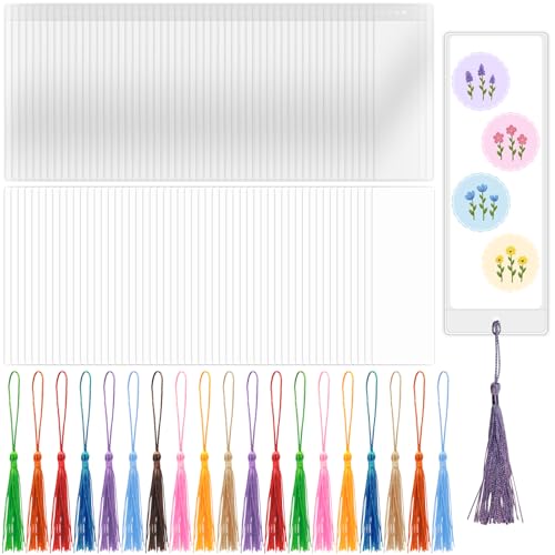 DSYIL Blank Bookmarks Making Kit 50 Pcs Paper Bookmark to Decorate 50 Colorful Tassels 50 Pcs Clear Bookmark Sleeves for DIY Book Mark Projects and Gift Tags 5.5 x 2 inches