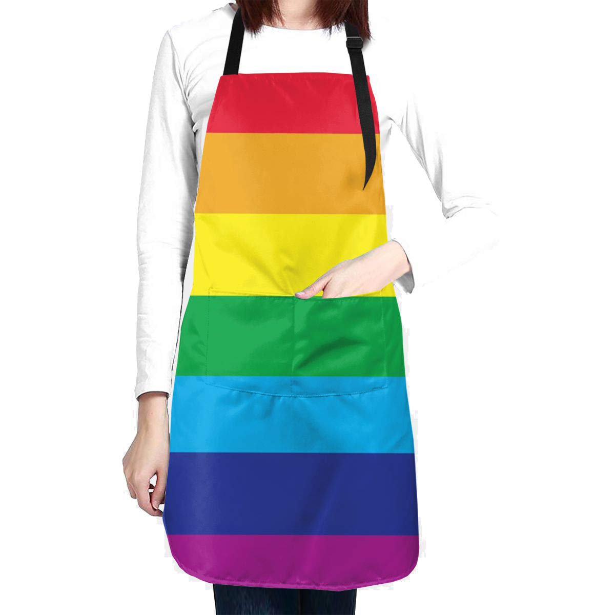 wodealmug Women Rainbow Apron Adjustable Neck Kitchen Bib Cook Apron with Pocket for Cooking Baking Gardening