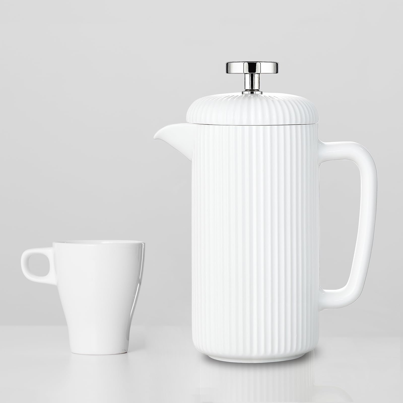 Easyworkz Porzellan-French-Press, 1000ml, Kaffeemaschine mit Edelstahl-Kolben, Elfenbein