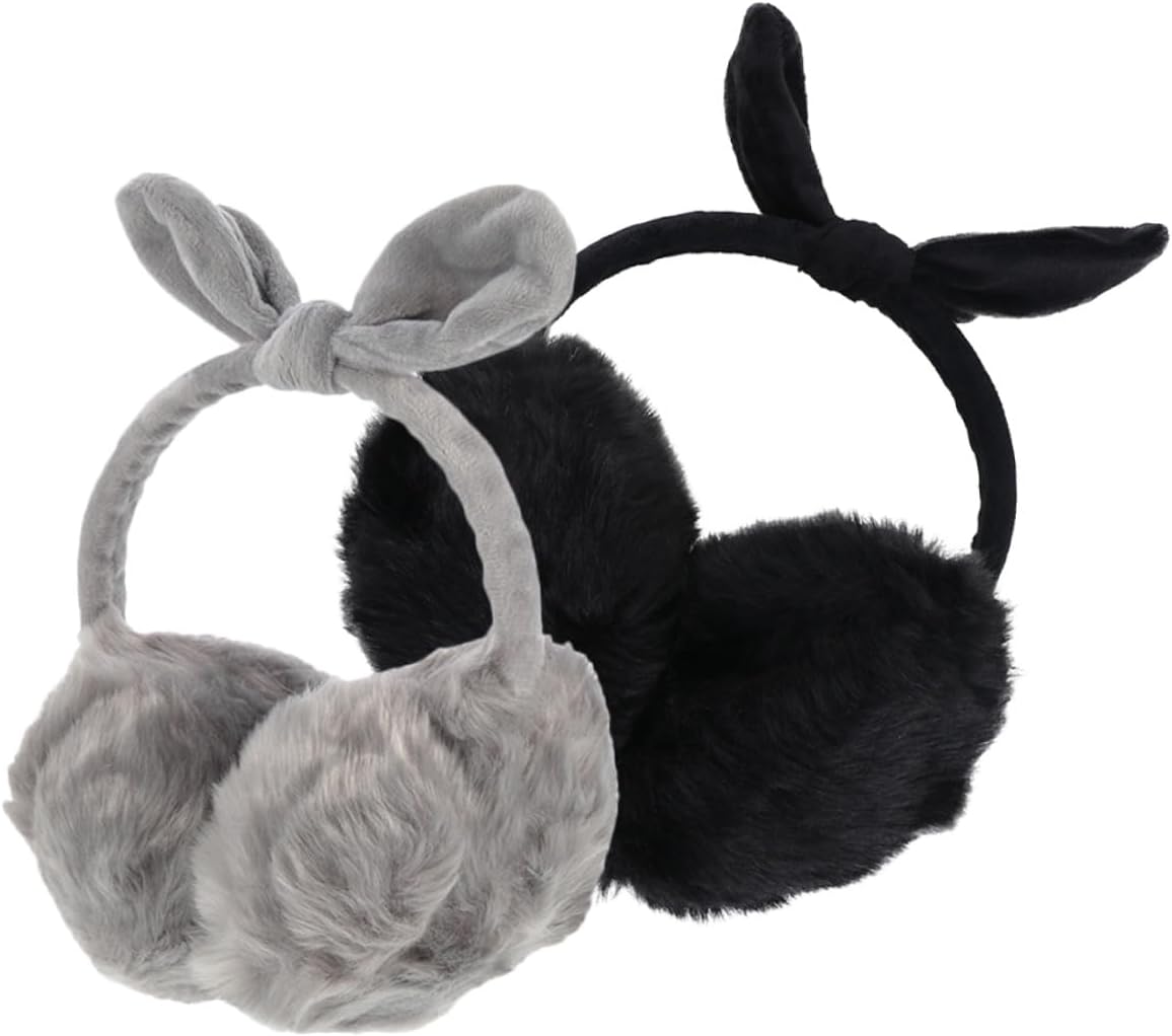 VALICLUD 2pcs Plush Thermal Ear Covers with Adjustable Stretch Headband, Bow Accent Winter Ear Warmers for Women, Windproof Soft Earmuffs for Running and Cold Weather