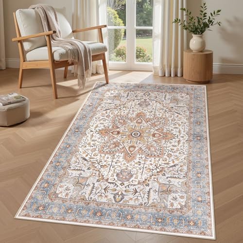 Tortania Area Rug Living Room Rugs - 3x5 Washable Rug Vintage Oriental Distressed Farmhouse Small Thin Indoor Carpet for Living Room Bedroom Under Dining Table Home Office - Azure Orange