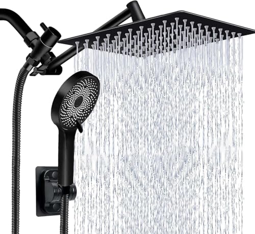 Image of Shower Head,10 Inch High Pressure Rain Shower Head with Handheld Spray Combo, Adjustable Dual Rainfall Shower Head - Showerhead Comb Set with Extension Arm - 60 Inch Long Shower Hose(Black)