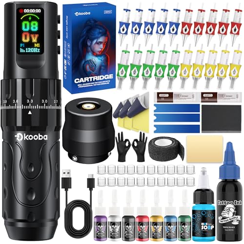KOOBA TATTOO GUN KIT WITH WIRELESS TATTOO MACHINE/PEN 1800MAH BATTERY NORMAL/STIPPLING MODE RCA CONVERT ADAPTER 3 SPEED MEMORY FUNCTION 7 STROKES LENGTH 20 CARTRIDGES NEEDLES FOR ARTISTS & BEGINNERS
