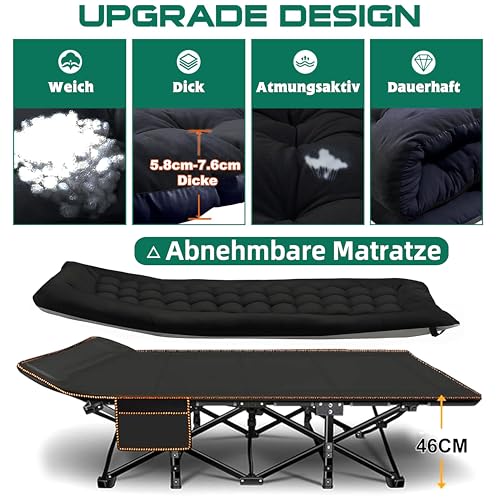 DRMOIS Feldbetten Klappbar Campingbetten, Campingliege Übergroßes 81 cm breites, tragbares, faltbares Outdoor, Tragkraft 400 kg- mit Isomatte Matratze, Schwarz, Größe XXL