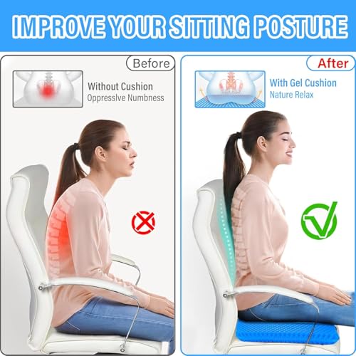 Image of Gel Seat Cushion with Honeycomb Design, Breathable Sitting Cushion for Office Chair, Car Seat, Wheelchair, Gaming Chair and Home Use, Blue