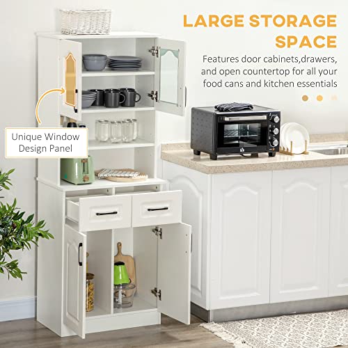 HOMCOM Kitchen Cupboard, Freestanding Storage Cabinet with 2 Adjustable Shelves, 2 Drawers and Open Counter for Living Room, Dining Room, 168cm, White - Image 4