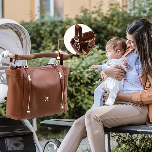 Image of miss fong Diaper Bag Tote Leather Diaper Bag Backpack, Large Capacity Mommy Bag Hospital Bag, 12 Pockets Travel Diaper Tote with Changing Pad Panaleras Para Bebe for Mom & Dad-Brown