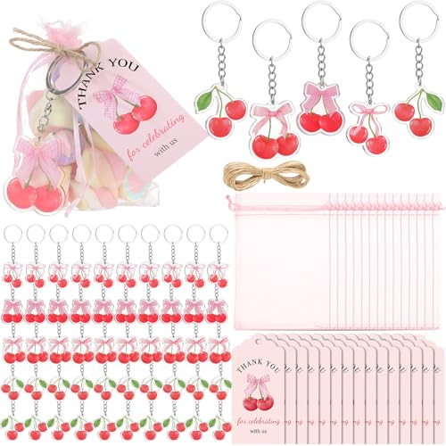 Equsion 50 Sets Cherry Party Favors for Guest Pink Bow Cherry Acrylic Keychain with Pink Organza Bags and Thank You Tags for Spring Birthday Bridal Wedding Baby Shower Party Supplies