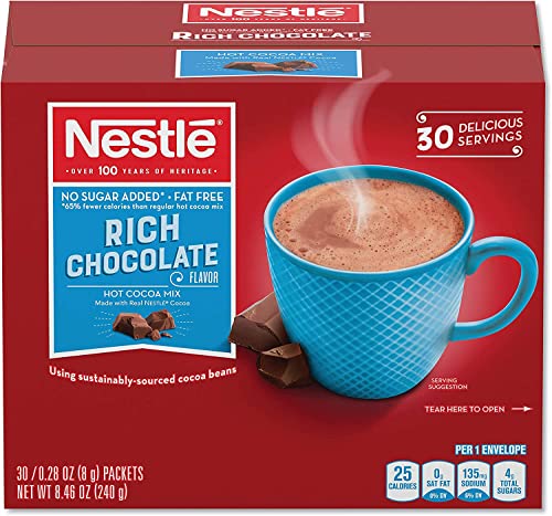 Nestle Hot Chocolate Packets, Hot Cocoa Mix, No Sugar Added And Fat Free, 30 Count (0.28 Ounce Each) #TOP16