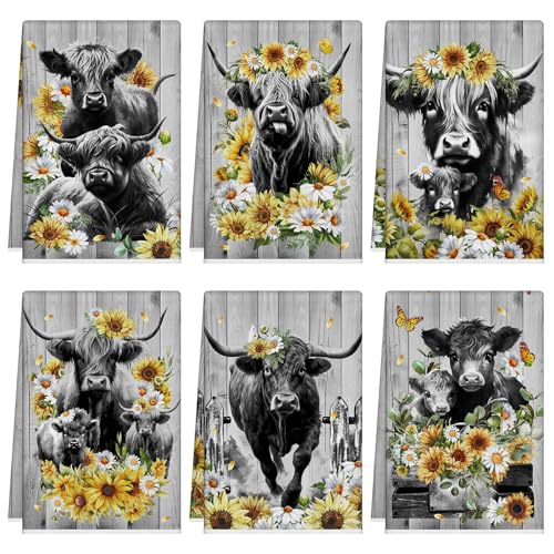 Tudomro 6 asciugamani da cucina a tema mucca delle Highland Cow, strofinacci a tema mucca stagionale carino decorativo asciugamano assorbente morbido da cucina per le dita della cucina della fattoria
