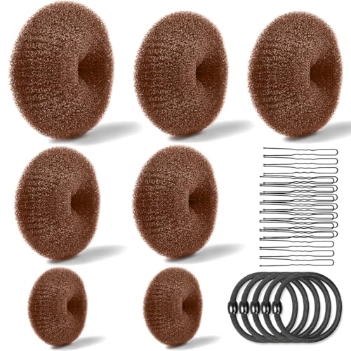 KIRZAX Donut Moño Kit, Accesorios de Peinado Kit, Incluye 7 Donuts para El Pelo, 20 Horquillas en Forma de U,5 Gomas de Pelo,para Mujeres Niñas, Bailarinas de Ballet para Hacer Moños(Claro Café)