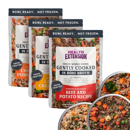 Health Extension Gently Cooked Variety Pack Dog Food, Chicken, Beef & Lamb, Human-Grade & Shelf-Stable with Superfoods, Supports Digestion, Immunity, Skin & Coat, 9 oz Pouch (Pack of 3)