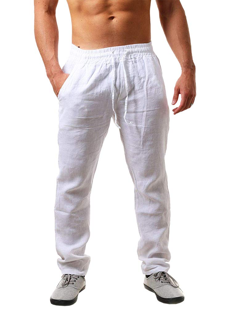 Runcati Herren Leinenhose Einfarbiges Lang Leicht Sommerhose Loose Fit Freizeithose mit Kordelzug für Urlaub Strand Alltag