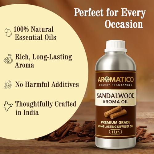 Image of AROMATICO Sandalwood Diffuser Oil with Strong, Long-Lasting Aroma. Woody, Spiritual Aroma Oil for Homes, Offices & Showrooms. Aromatherapy, Diffusers, Air Purifiers, Vaporizers - 1 Litre (1000 ml)