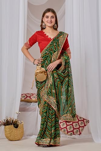 Image of Women's Georgette Bandhani Printed Embroidery Saree with Unstitched Blouse Piece