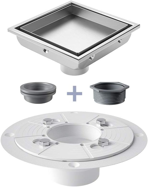 USHOWER 4 Inch Square Shower Drain, Tile-Insert Removable Shower Floor Drain with Drain Flange Kit, SUS304 Stainless Steel Drain with Reversible 2-in-1 Cover, Brushed Nickel
