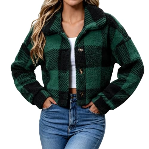 FPMLUXLL Womens Winter Coat Cropped Plaid Lapel Collar Fuzzy Sherpa Jacket - image 2