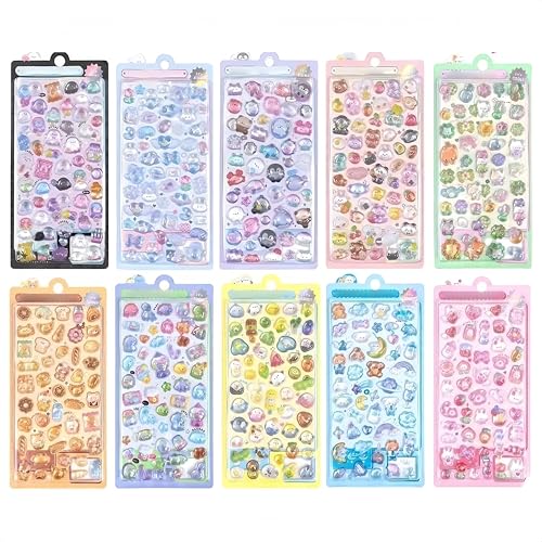 ぷくぷくシール 10枚セット ぷっくり立体 かわいい キラキラ ごほうびシール 大容量 子供向け スマホケースデコ 手帳DIY ギフト 贈り物 ラメ 光沢 剥がしやすい