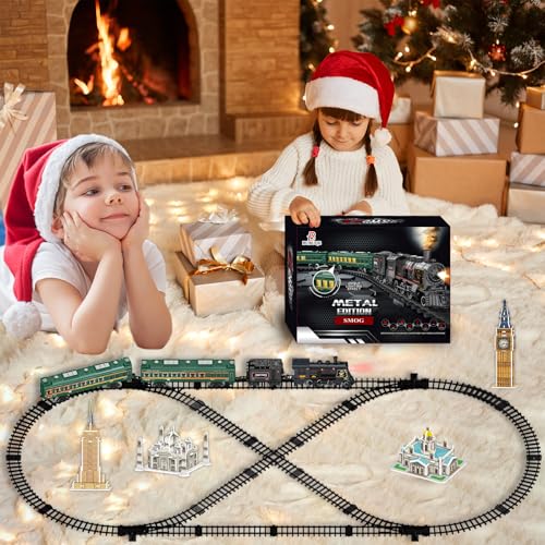 Image of Electric Train Sets for Kids Metal Alloy Christmas Train Toys Steam Locomotive, Glowing Passenger Carriages, Luxury Tracks, Light & Sounds Rechargeable Birthday Gifts for Boys Girls Red Green 