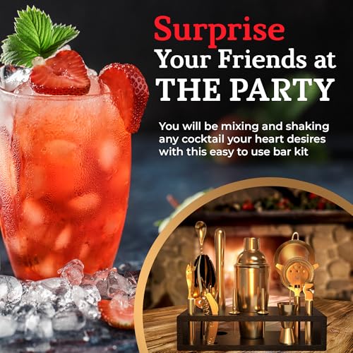 Image of Highball & Chaser 13-Piece Cobbler Cocktail Shaker Set: Black Polished Stainless Steel Bartender Kit for Home Bar Set | Laser Engraved Tools Plus E-Book with 30 Recipes (Matte Gold)