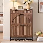 Fluted Shoe Cabinet Storage for Entryway – Narrow Shoe Rack with 2 Flip Drawers & 2 Storage Drawers, Freestanding Hidden Shoe Organizer for Foyer, Hallway (Walnut)