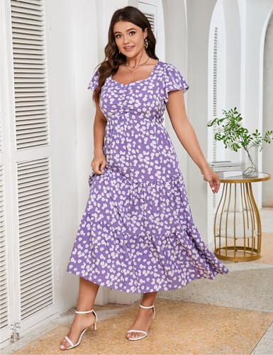 Image of KOJOOIN Women Plus Size Summer Dress Short Sleeve Casual Dress Floral Midi Dress Sweetheart Neck Ruffle Dress