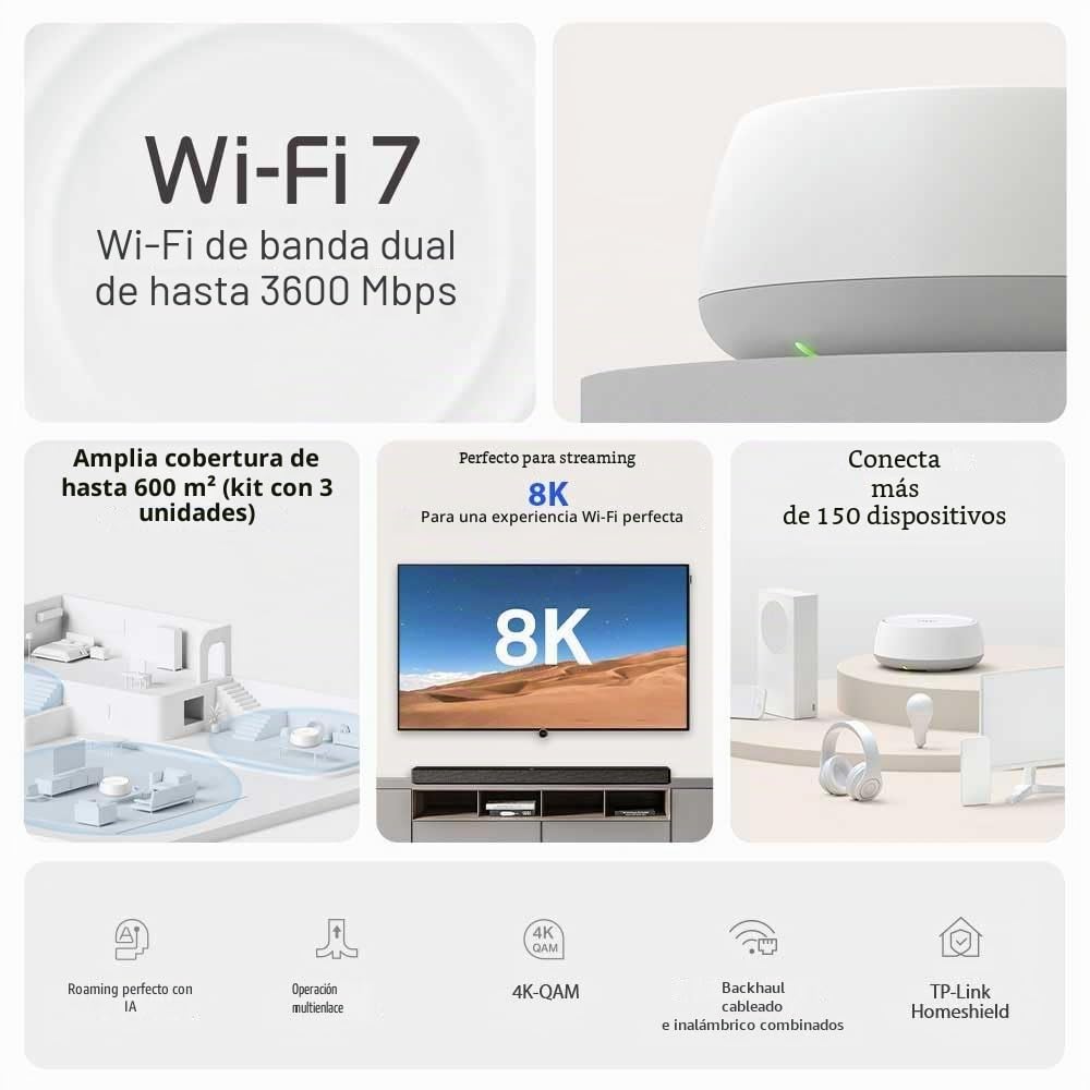 TP-Link Deco BE3600 Sistema Wi-Fi 7 Malla Multi-Gigabit para Toda la casa, hasta 3,6 G de Doble Banda, inalámbrica/cableado, itinerancia IA sin Costuras, MLO, 4K-QAM, Control Parental, Seguridad Lot