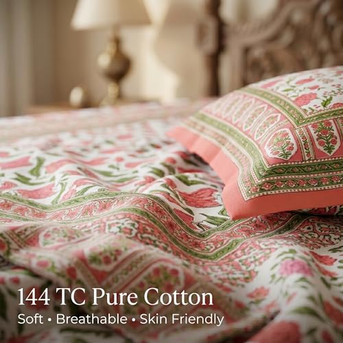 Image of Mafatlal 144 TC Heritage 100% Pure Cotton Jaipuri Bedsheet with Pillow Covers(90x108 inches) | Soft & Breathable Fabric | Traditional Floral Print | Color Burst