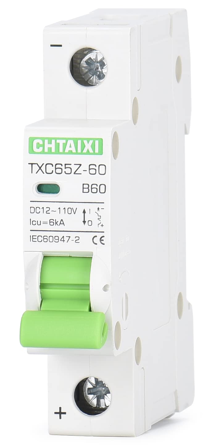 12V-110V DC Miniature Circuit Breaker, 60 Amp 1 Pole Battery Breaker Protector for Solar PV System and RV, Thermal Magnetic Trip, DIN-Rail/Surface