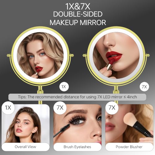 Image of 7 inch Lighted Makeup Mirror with Lights and 1X 7X Magnification,Bright Gold