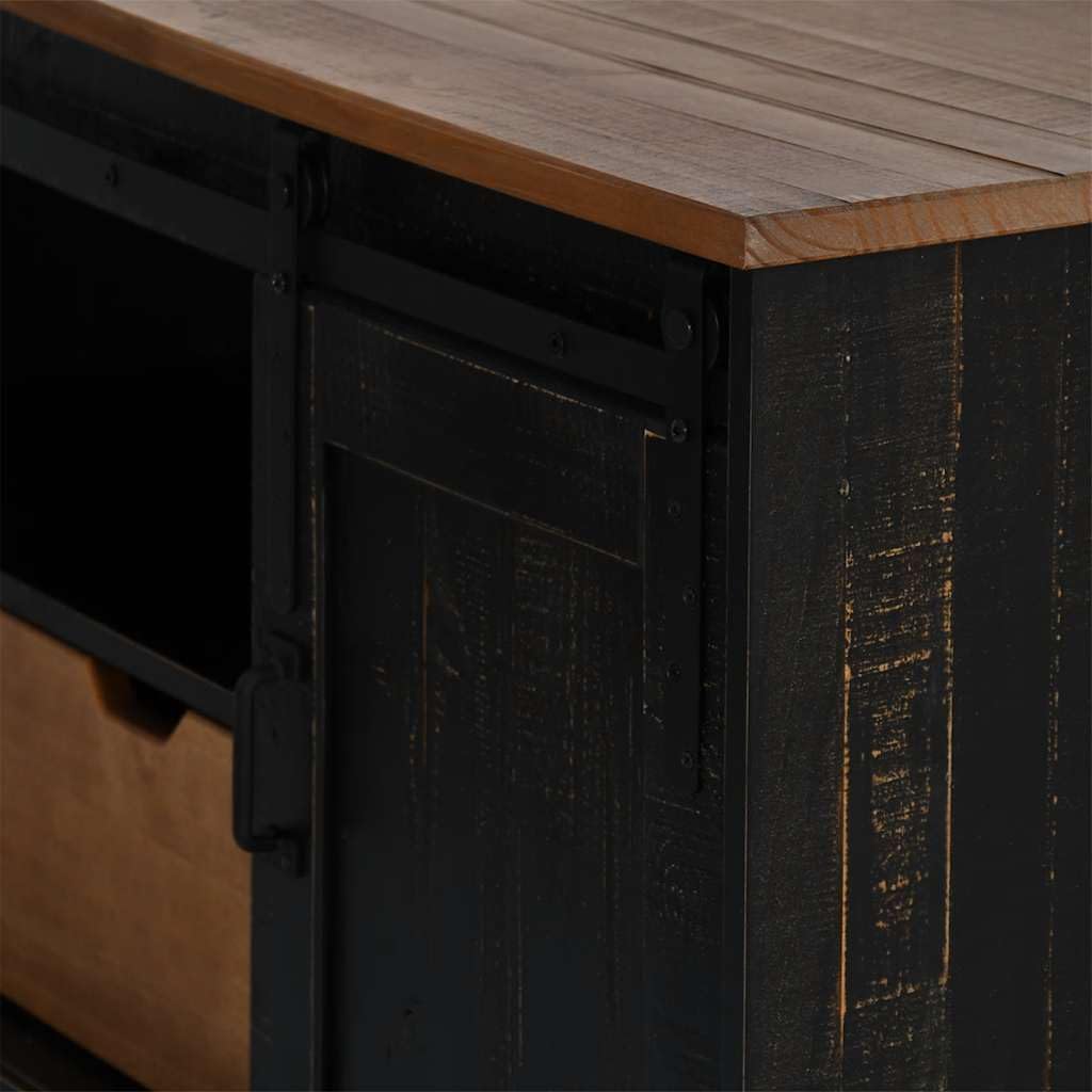 Mobile Porta TV HALDEN Nero con Anta Scorrevole in Legno Massello di Pino e Metallo 110x40x60 cm con Due Cassetti e Ripiani per Soggiorno, Camera, Consolle, Supporto TV, Scaffale, Credenza