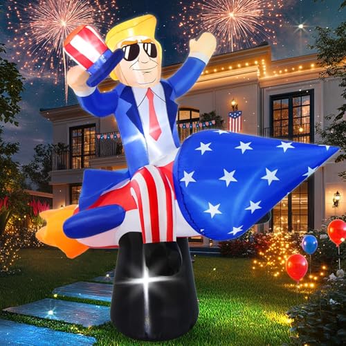 6FT Tall 4th of July Inflatables Outdoor Decorations President Ride on Rocket Blow Up Patriotic Independence Day Giant Fourth of July Outside Dcor Led Lights Indoor Yard Lawn Patio Inflatable