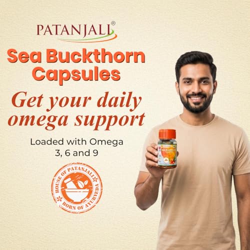Image of Patanjali Sea Buckthorn Capsules | Natural Supplement for Heart Health, Immunity & Skin Care | Source of Omega 3 6 7 & 9 | Pack of 1